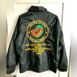 Vintage U.S. MARINE CORPS Stain Black Bomber Jacket Embroidered Graphic Medium